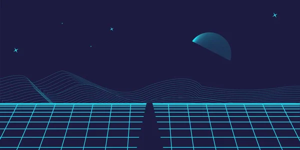 Geçmişe dönük fütüristik manzara 1980 'ler tarzı. Dijital retro peyzaj siber yüzeyi. 80 'lerin parti geçmişi. Retro 80 'lerin moda bilimkurgu geçmişi. Dijital Siber Yüzey.