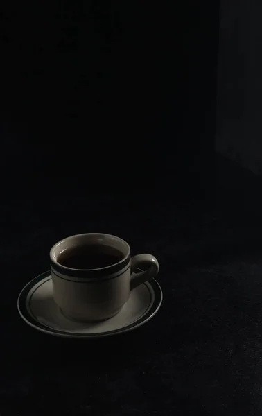 Cup Hot Coffee Black Background Dark Scene Banner Space Mock — Stock Photo, Image