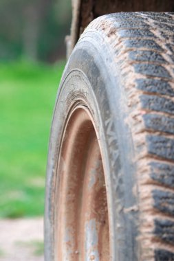 Wheel of auto with mud on it