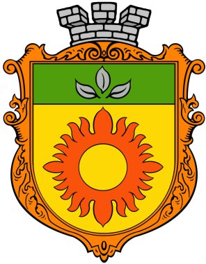 Energodar şehrinin arması. Ukrayna. Beyazda izole edilmiş 