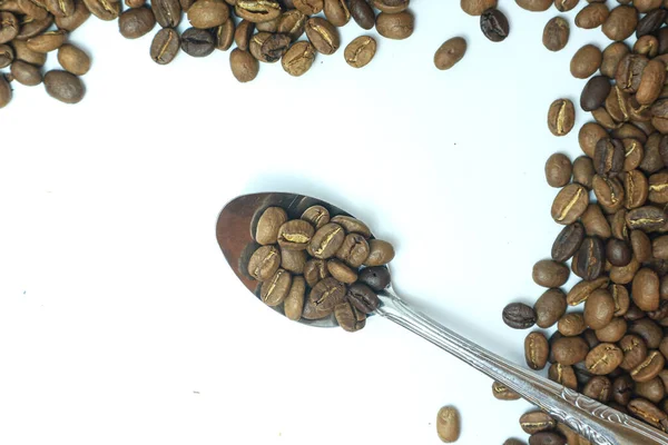 Roasted Coffee Beans Spoon White Background — Stockfoto