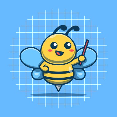 Cute bee character studying with stick vector illustration. Flat cartoon style
