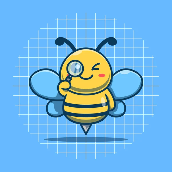 Cute Bee Looking Magnifying Glass Vector Illustration Flat Cartoon Style — Vetor de Stock