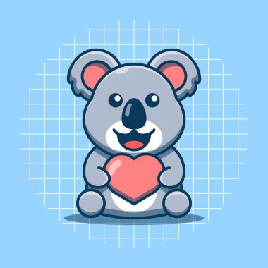 Kalp vektörü çizimi tutan sevimli koala karakteri. Düz çizgi film biçimi.