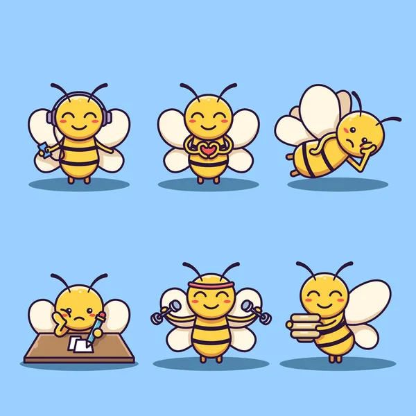 Niedliche Biene Maskottchen Set Vector Illustration Flacher Cartoon Stil — Stockvektor