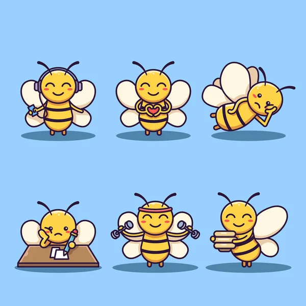 Cute Bee Maskotka Zestaw Wektor Ilustracji Styl Płaski Kreskówka — Wektor stockowy