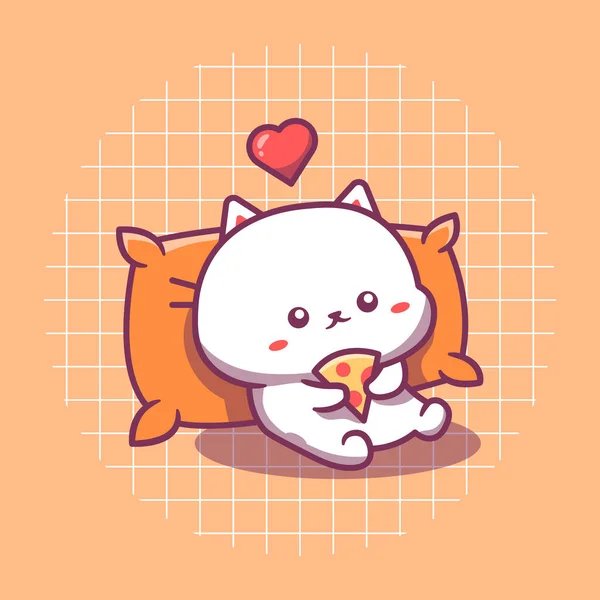 Cute Cat Character Eating Pizza Big Pillow Vector Illustration Flat — Διανυσματικό Αρχείο
