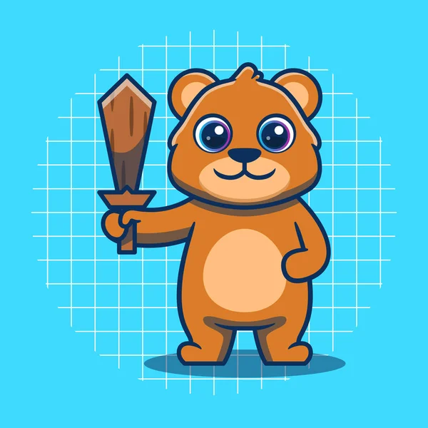Cute Bear Holding Wooden Sword Vector Illustration Flat Cartoon Style —  Vetores de Stock