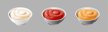 a set of sauces in neat white saucers. realistic stylized white saucers are filled with colorful colorful appetizing sauces