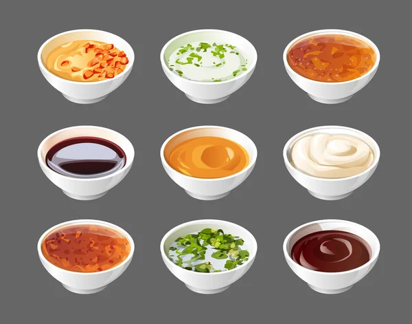 Set Sauces Neat White Saucers Realistic Stylized White Saucers Filled —  Vetores de Stock