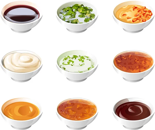 Set Sauces Neat White Saucers Realistic Stylized White Saucers Filled — Vector de stock
