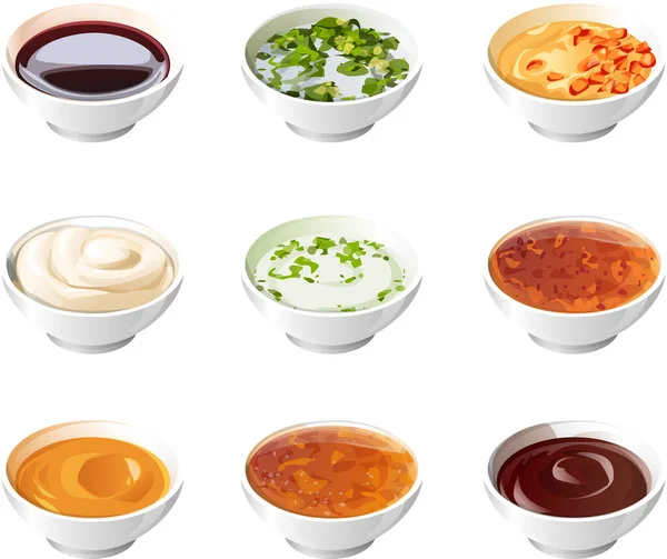 Set Sauces Neat White Saucers Realistic Stylized White Saucers Filled — Stockvector