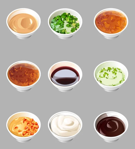 Composition Ceramic Saucers Different Sauces Spices Peppercorns Coriander Parsley Ketchup — Stock vektor