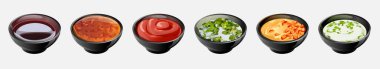 composition in ceramic saucers of different sauces and spices. peppercorns, coriander, parsley, ketchup, mayonnaise, soy sauce, plum, sweet and sour, spicy, sauce with finely chopped herbs. Herbs