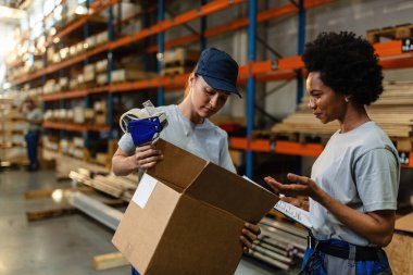 African American woman and her female coworoker examining package before the shipment while working in distribution warehouse. 
