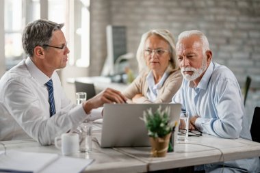 Mature couple and their bank manager using computer while having consultations in the office. 