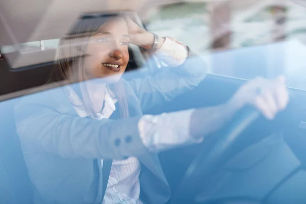 Young Happy Businesswoman Driving Car While Commuting Work View Glass — 图库照片