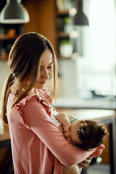 Young Loving Mother Enjoying While Breastfeeding Baby Daughter Home — Stok fotoğraf