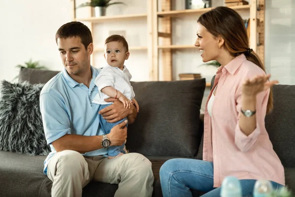 Married Couple Having Argument Home Man Holding Small Son While — Stockfoto