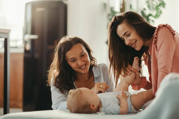 Young Happy Female Couple Baby Enjoying Together Home — Stock Photo, Image