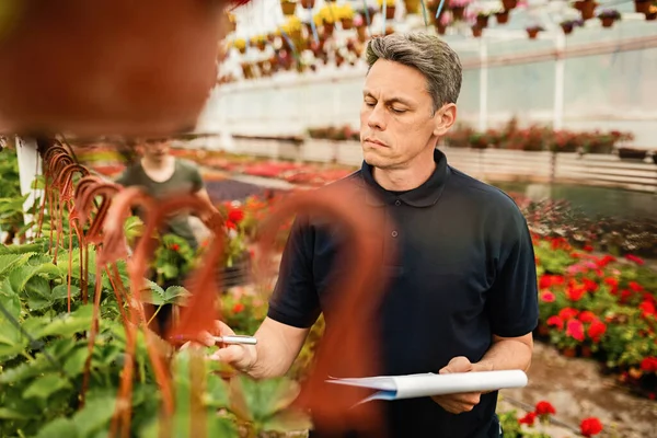 Greenhouse Florist Checking Growth Plants Writing Data Clipboard — Fotografia de Stock