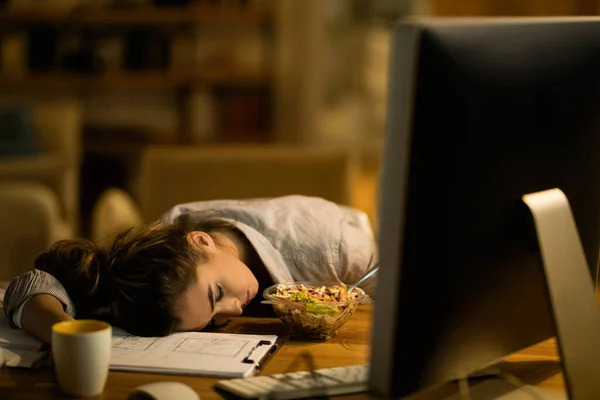 Tired Female Student Taking Nap Desk Learning Night Home — Foto de Stock