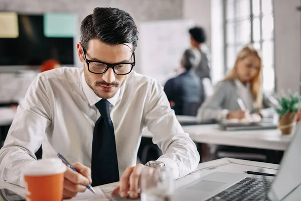 Young Financial Advisor Taking Notes While Doing Paperwork Office People — Stock Fotó