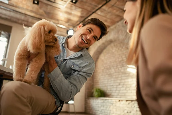 Low angle view of freelance worker holding his dog while communicating with female colleague in the office.