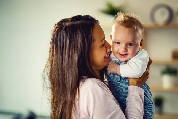 Happy Baby Boy Having Fun His Mother Home Looking Camera — Foto de Stock