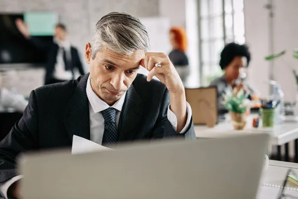 Pensive Businessman Thinking How Solve Problems While Doing Paperwork Office — Foto de Stock