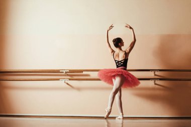 Back view of graceful ballet dancer rehearsing at ballet studio. Copy space. 