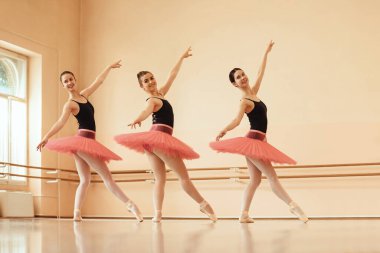 Small group of happy female ballet dancers rehearsing at ballet studio. 