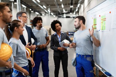 Young manual worker presenting new business strategy to company managers and his colleagues in a factory. 