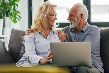 Happy senior couple looking at each other and communicating while surfing the net on a computer in the living room. 