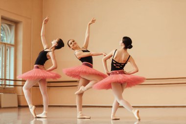Three ballerinas practicing choreography during ballet class at dance school. 