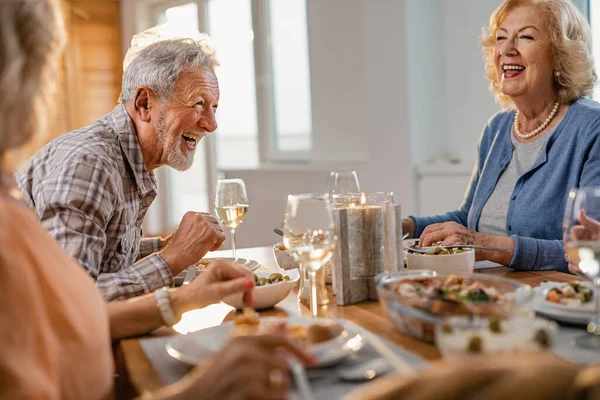 Group Happy Mature People Enjoying Lunch Time Having Fun While — Stock fotografie