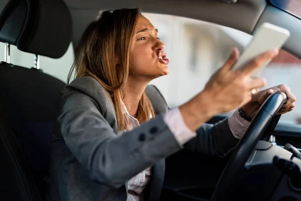 Young Angry Woman Driving Car Yelling Someone While Being Stuck — Foto de Stock