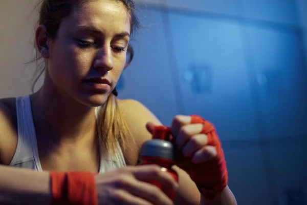 Young Female Fighter Water Bottle Resting Gym Locker Room — Foto de Stock