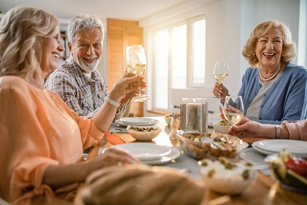 Happy Seniors Friends Having Lunch Together Toasting Wineglasses Dining Table — Stock fotografie