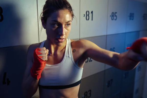 Young Athletic Woman Preparing Kickboxing Training Warming Locker Room — Foto de Stock