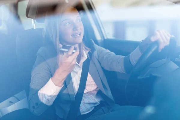 Young Businesswoman Driving Car Communicating Cell Phone View Glass — Foto de Stock