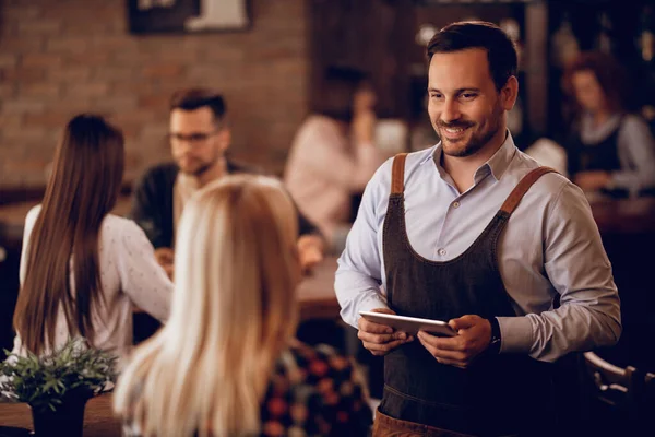 Smiling Man Working Part Time Waiter Taking Order Female Guest — Fotografia de Stock