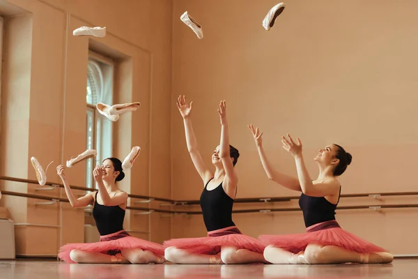 Group Happy Female Ballet Dancers Having Fun While Sitting Floor — Fotografia de Stock