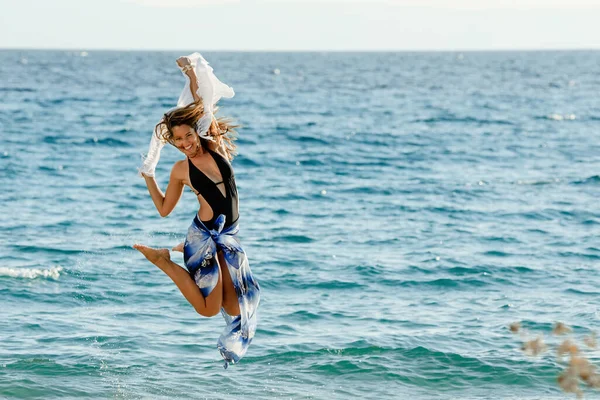 Young Happy Woman Shawl Jumping High Having Fun Summer Day — ストック写真