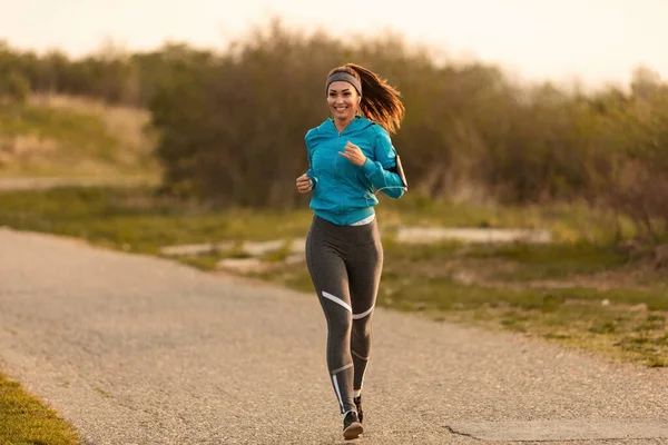 Young Happy Sportswoman Running Road Morning Copy Space — Foto Stock