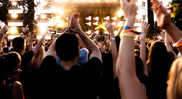 Back View Crowd Clapping Arms Raised While Having Fun Music — Foto Stock