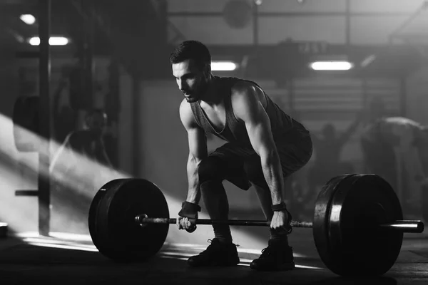 Black White Photo Athletic Man Having Weight Training Barbell Health — Fotografia de Stock