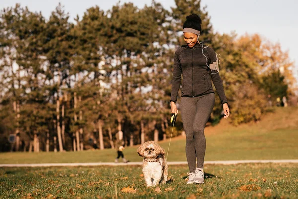 Happy Black Athletic Woman Walking Her Dog Park — Stock Fotó