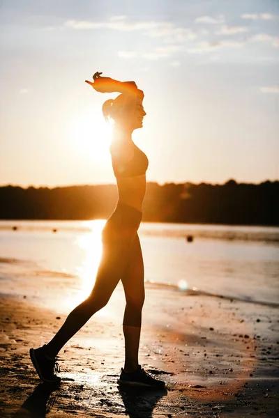 Full Length Happy Athletic Woman Enjoying Sunrise Riverside — Stock Fotó