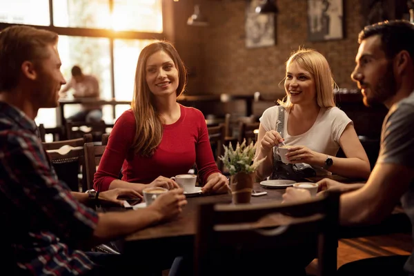 Young Happy Friends Drinking Coffee Talking Themselves While Gathering Cafe — Stockfoto